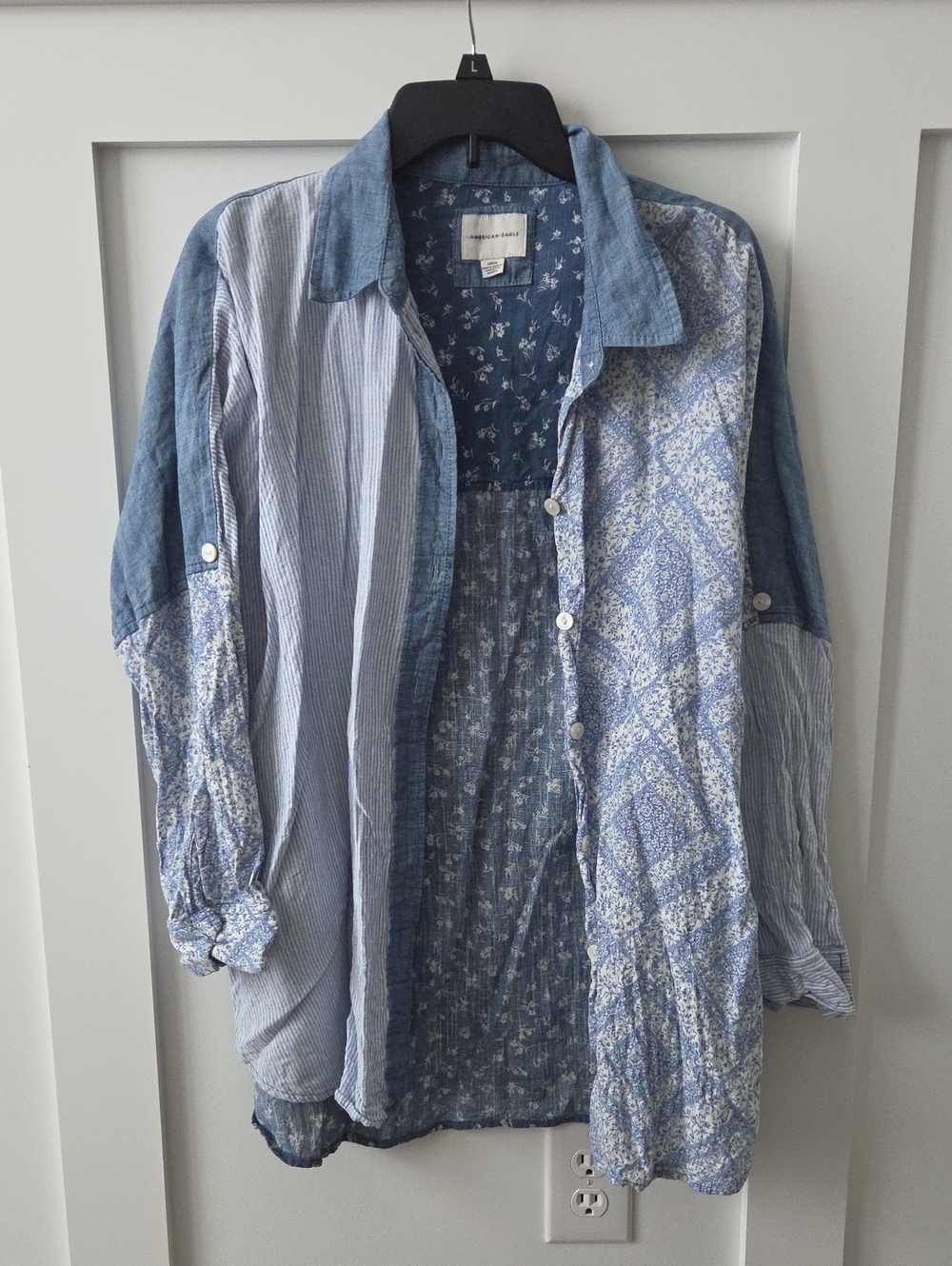 American Eagle Outfitters Blue Patchwork Button-Down Shirt